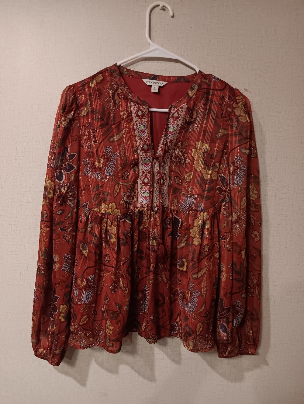 FRYE AND CO. Rust Floral Boho Peasant Blouse